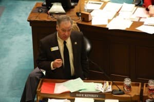 Sen. Dave Kinskey (R-Sheridan) spoke in favor of the bill. His amendments to exempt some for-profit businesses from discrimination enforcement failed to win approval from the Senate Judiciary Committee. For more on Kinskey's amendment, read this WyoFile piece. (Gregory Nickerson/Wyofile)