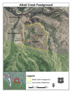 The Alkali Creek Feedground abouts the Gros Ventre Wilderness in the Bridger-Teton National Forest and critics say the Wyoming Game and Fish winter operation degrades the wilderness, contrary to law. Feedground supporters say the operation keeps elk from mingling with cattle and spreading disease. (Bridger-Teton National Forest)