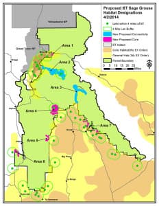 This map by the Bridger-Teton National Forest shows where the agency wants to ensure a connection between sage grouse populations between the Gros Ventre River (Area 2) and the upper Green River (Area 3). Officials made slight changes to this proposal in the Star Valley area