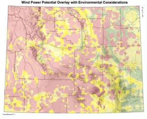 The Biodiversity Conservation Alliance produced this map to show sage grouse areas and wildlife concerns in red, with high wind potential in green. The Pathfinder wind project will now be located in the green triangle of Southeast Wyoming. (Courtesy of Biodiveristy Conservation Alliance)