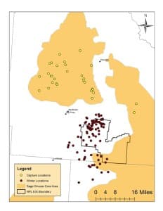 Figure 3. From 2005 to 2011, 84 individual radio-equipped sage-grouse were documented using winter habitats in or near the NPL. Of these grouse, 62 (74%) were captured from leks or late summering habitats located within designated Core areas.