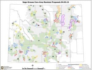 This latest Wyoming Game and Fish map outlines proposed changes to the Wyoming core area. A subcommittee will consider some of the mapping changes Tuesday in Lander and may focus on the light blue area under the numeral “5” in Sublette County where sage grouse winter range and a proposed gas field overlap. (Wyoming Game and Fish Department/Nyssa Whitford)