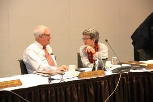 New trustees Dick Scarlett (Wilson) and Michelle Sullivan (Sheridan), both appointed by Gov. Mead in March, voted for open search. (Gregory Nickerson/WyoFile)