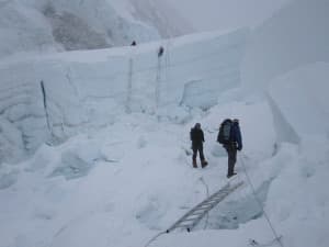 Climbers navigate the Khumbu Icefall on Mount Everest before the April 25 earthquake that destroyed the ladders and triggered numerous avalanches on the mountain. (courtesy Darren Rogers)