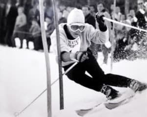 This photograph of Resi Stiegler's father, Pepi, during his racing career in the 1960s shows how style, technique and gear has changed over the years. Pepi Stiegler provided the historic shot to WyoFile last year, the 50th anniversary of his Olympic gold medal slalom run, as he watched his daughter ski in the Olympics in Sochi, Russia. (courtesy Pepi Stiegler)