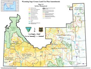 This map outlines BLM and Forest Service priority habitat in red. Priority habitat will get the most attention for greater sage grouse conservation in six BLM districts and three national forest units in Wyoming. (BLM)
