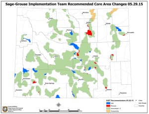 Wyoming's Sage Grouse Implementation Team recommended that the governor's core-area map be updated with additions in blue and tan and deletions in red. Gov. Mead is expected to act on the recommendation in coming weeks. (Wyoming Game and Fish Department)