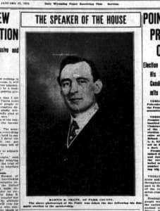 Rep. Martin Pratt of Park County turned Democrat in 1913 so he could attain the speakership of the House, then kept the gavel when he returned to the Republican fold. Wyoming Tribune, Jan. 17, 1913.