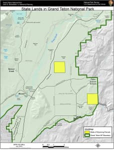 This map shows the two 640-acre Wyoming school trust sections in Grand Teton National Park. Each is a mile by a mile square. At least 36 homes could be developed on the two pieces if Wyoming were to sell them to a private developer. At the posted speed limit of 55 mph, it would take slightly longer than a minute to drive by the parcel located near the highway on Antelope Flats. (Grand Teton National Park)