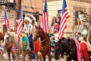 A color guard of Crow veterans led the Native American portion of the Sheridan WYO Rodeo Parade on Friday, July 10, 2015. (Gregory Nickerson/WyoFile)