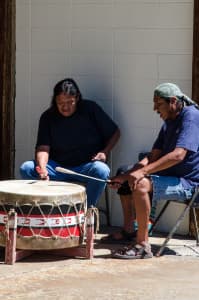 Saturday’s potluck began with an honor song by James Arthur Senior and Gary Lincoln for Sonny Goggles and Stallone Trosper (Matthew Copeland/WyoFile)