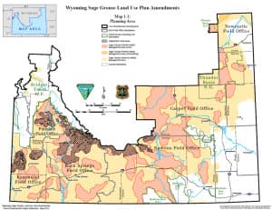 Much of proposed sage grouse conservation in Wyoming is analyzed in a BLM environmental impact statement covering the southern half of the state. Core, or priority, areas are a fraction of that and Sagebrush Focal Areas — top tier habitat to be preserved — is even smaller. (U.S. BLM)