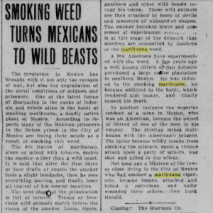 An article published in the Cheyenne State Leader in 1913 reveals the racist attitudes and propaganda surrounding the use and effects of marijuana at that time. (Wyoming Newspaper Project)
