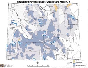 Gov. Matt Mead's new executive order protecting greater sage grouse includes a core-area map where the birds get the greatest protection. Notable changes are connectivity areas, in gold, and winter concentration areas, yellow, at the proposed NPL gas field south of Pinedale. (Office of Gov. Matt Mead)