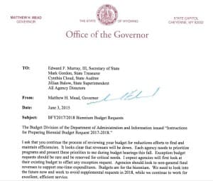 Gov. Mead sent this June 3, 2015 letter to agencies advising them to draft minimal budget requests. (Office of Gov. Mead)