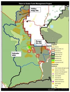 This map shows the areas where prescribed fire and mechanical thinning would take place in the Palisades Wilderness Study Area, according to the proposed Teton to Snake Fuels Management program. Critics say the Bridger-Teton National Forest should not use such a heavy hand. It would be better, they say, if residents protected their homes by creating defensible spaces and taking other precautions. (Bridger-Teton National Forest)