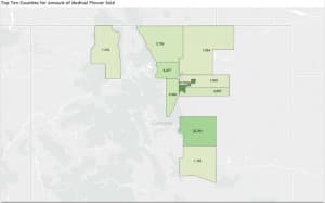 Only the Colorado counties shown authorized medical marijuana dispensaries, and sold the number of units indicated. Most of the counties are urban, and many are adjacent to the Wyoming border. (Colorado Dept. of Revenue)