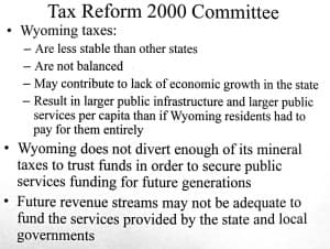 A slide distributed by Sen. Nicholas summarizes the findings of the Tax 2000 study.)