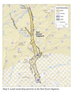 Anadarko owns much of the white private property shown in the "checkerboard" on the south reaches of the mule deer migration route that "Jet" travels. (Wyoming Migration Initiative)