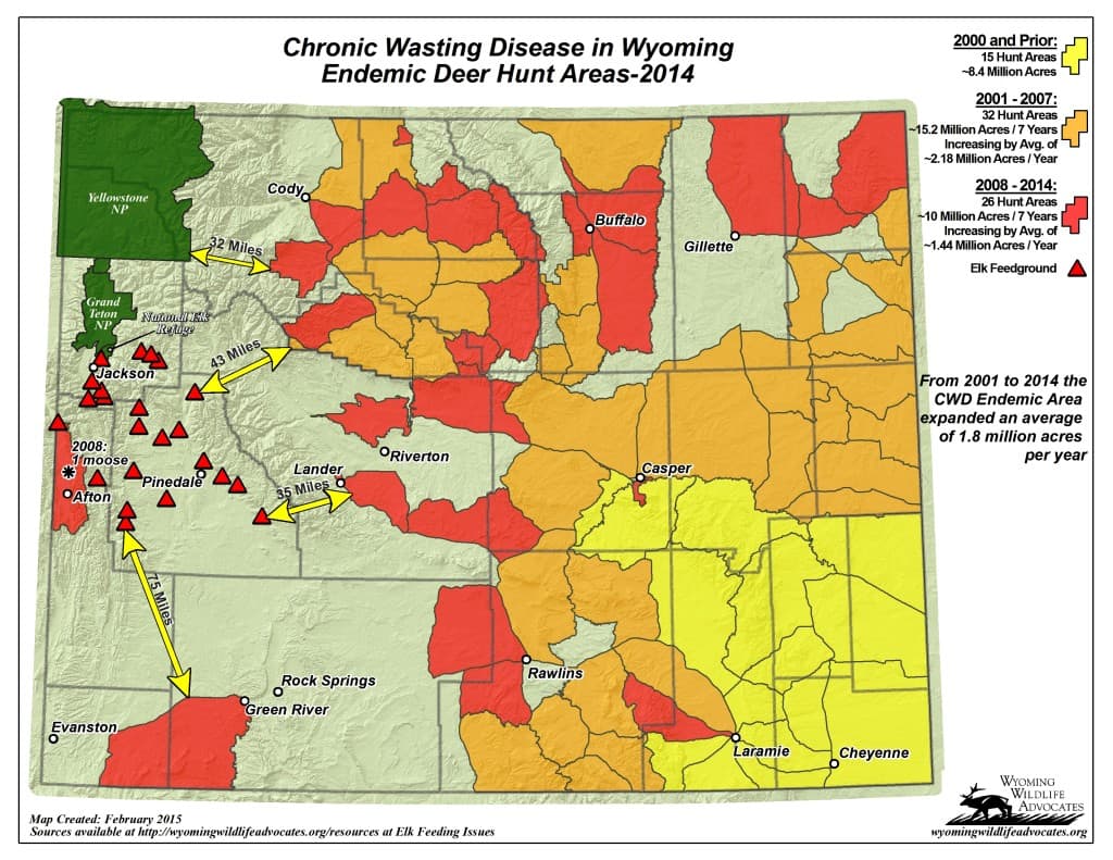 This map by Wyoming Wildlife Advocates shows how close Chronic Wasting Disease is to state elk feedgrounds west of the Continental Divide. New infected hunt areas have been discovered since this map was made early this year. (Wyoming Wildlife Advocates)