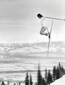 Olympic gold medalist Pepi Stiegler catches air while skiing at Jackson Hole Mountain Resort. The resort celebrates its 50th anniversary this season. (courtesy Jackson Hole Mountain Resort)