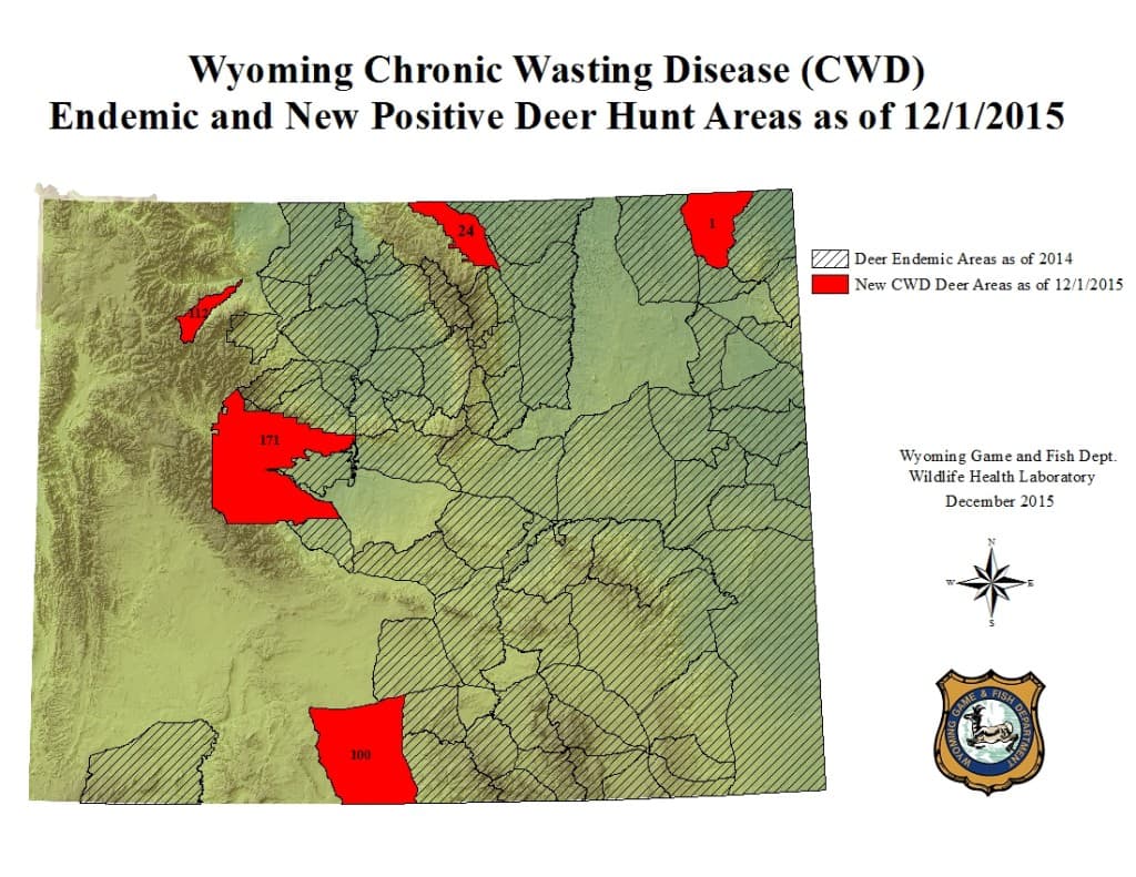 Wyoming Game and Fish Department created this map of the most recent hunt areas where Chronic Wasting Disease has been found in mule deer. The map does not include infected elk hunt areas, which don't cover as much territory as infected deer country. (Wyoming Game and Fish Department) 