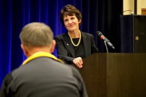 Laurie Nichols takes a questoin during Wednesday forum. The third and final forum is Monday Dec. 14. (WyoFile/Gregory Nickerson)