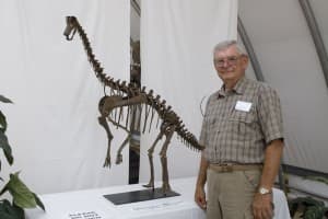 Cliff Manuel, pictured here with a baby brachiosaurus, is giving a free talk on the Bighorn Basin dinosaurs Feb. 3 (Photo courtesy of Cliff Manuel) 