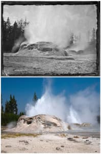 TOP Tuesday, Aug. 8, 1871 No. 298. THE GROTTO IN ERUPTION, throwing an immense body of water, but not more than forty feet in height. The great amount of steam given off almost entirely conceals the jets of water. (William Henry Jackson) BOTTOM The eruptions of Grotto Geyser can last anywhere from one to 24 hours and can splash water more than 40 feet high. The length of Grotto's eruption will often determine the duration of the nearby Rocket Geyser, seen here in eruption with the Grotto. (Bradly J. Boner)