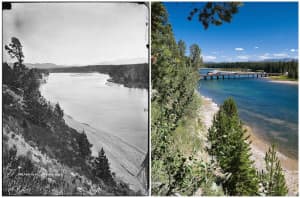 LEFT: Wednesday, Aug. 2, 1871 No. 266. YELLOWSTONE RIVER where it leaves the lake, looking down from the same stand point as the following. (William Henry Jackson) RIGHT Fishing Bridge now spans the Yellowstone River just north of where it exits Yellowstone Lake, and trees and other vegetation line the steep west riverbank in the foreground. The 10,760-foot summit of Cathedral Peak, which sits on the boundary of Yellowstone National Park and the North Absaroka Wilderness, is on the horizon at far right. (Bradly J. Boner)