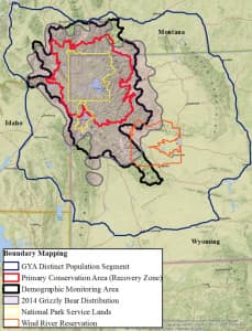 Yellowstone-area grizzlies would be managed according to where they live in various zones around two national parks. Outside the Demographic Monitoring Area, Wyoming would have little tolerance for grizzlies that conflict with human activities. (Wyoming Game and Fish Department)