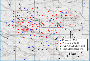 This graph shows the approximate locations of domestic water wells and oil and natural gas wells in the Pavillion. (Source: State of Wyoming)