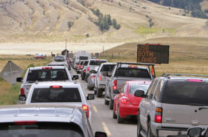 Vehicles wait near the North Entrance of Yellowstone in July 2015. (Photo courtesy Jim Peaco.)