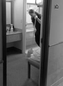 LaPlatney at work at the Ramada in Casper where she has a job as a housekeeper. As she becomes more familiar with the free world, she might seek to move to a more responsible front-of-house position, like the ones she held before her conviction. (Angus M. Thuermer Jr./WyoFile)