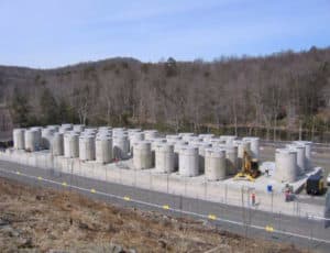 The Connecticut Yankee Independent Spent Fuel Storage Installation site in Haddam, Connecticut, with 43 dry storage NRC-licensed dual-purpose (storage and transport) casks. (DOE)