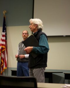 Kevin Frederick, administrator of the water quality division of Wyoming DEQ, speaks to residents in Riverton at an "open house" style meeting about the DEQ's final report on possible contamination in area water wells. (Andrew Graham/WyoFile) 