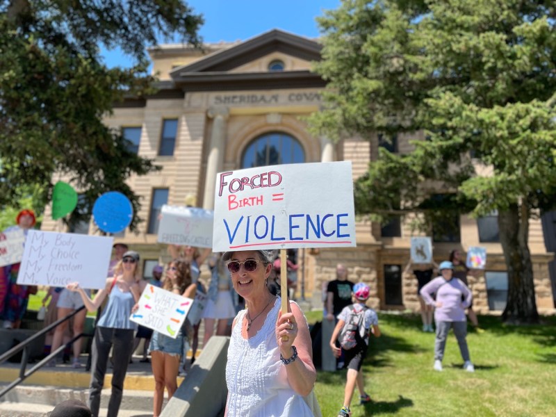 A woman holds a sign that says "Forced birth is violence"