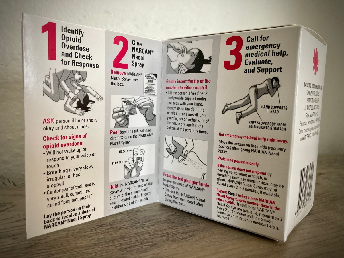 A box of Narcan gives instructions on how to use it to reverse an overdsose