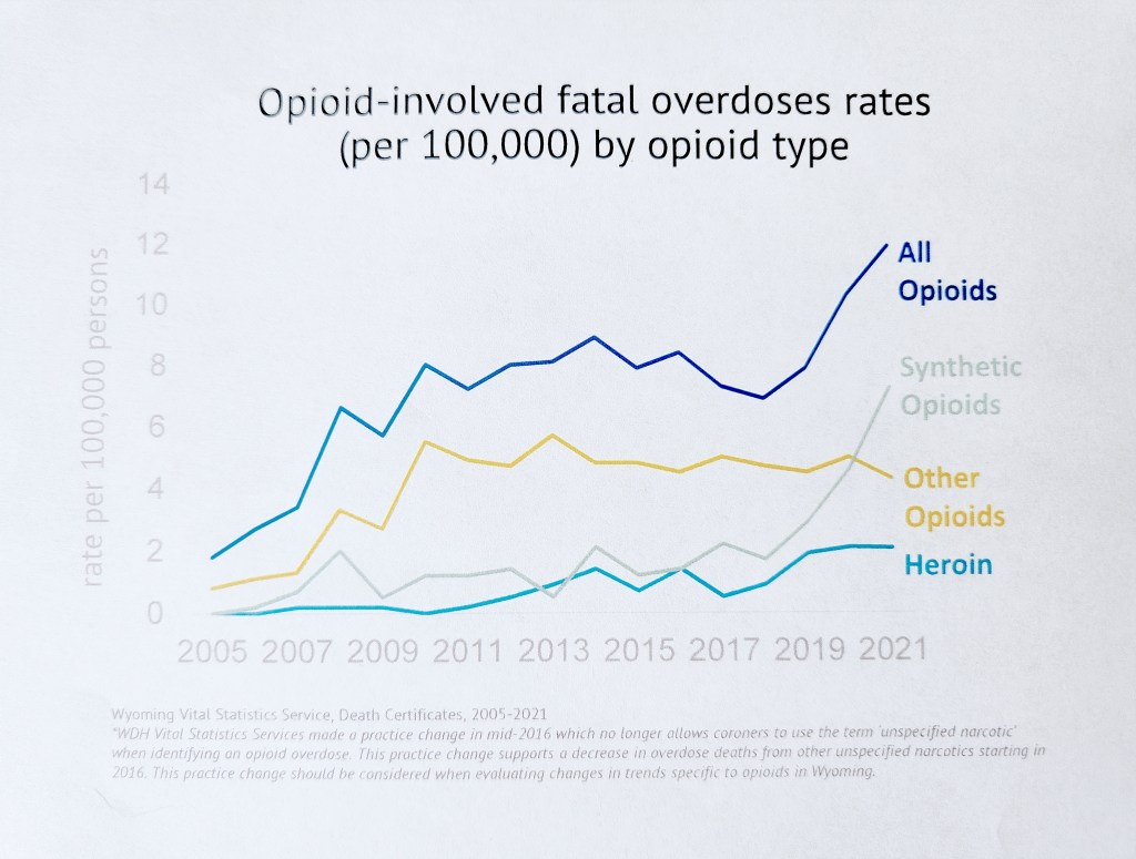 This line chart shows fatal overdoses caused by synthetic opioids increasing far more rapidly than deaths caused by heroin or other opioids