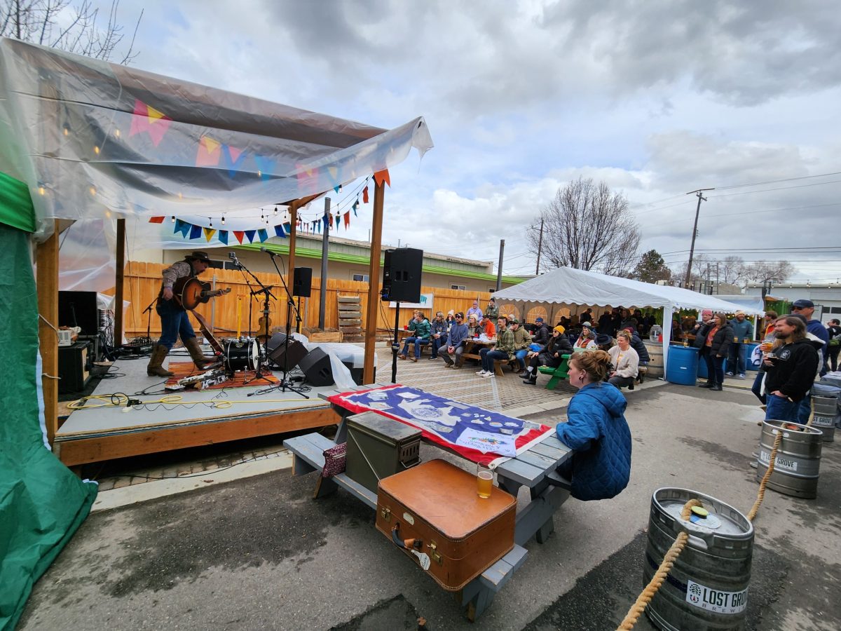 Reckless Rooster performs with a guitar on a stage in front of an outdoor audience with overcast skies