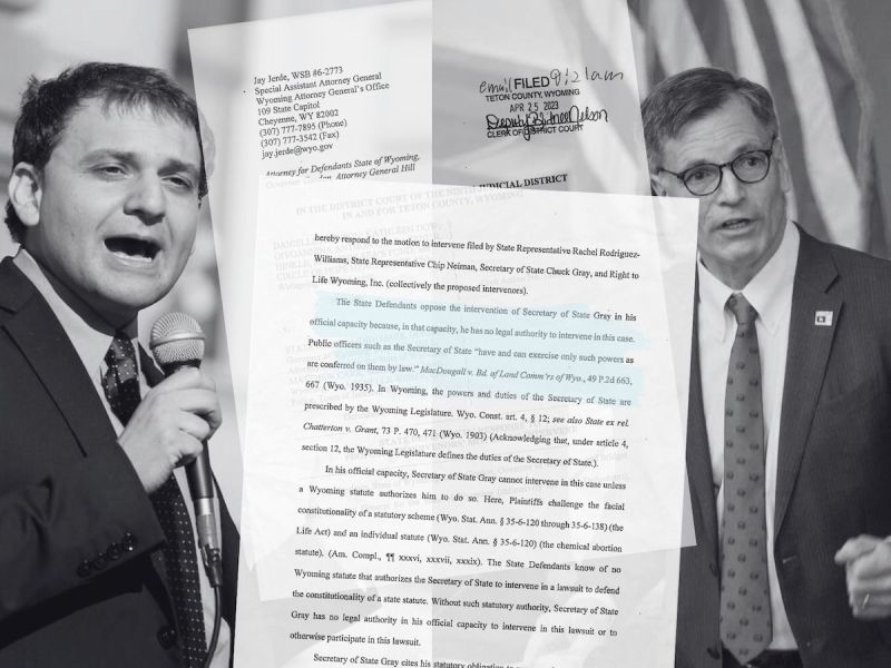 Black and white pictures of Secretary of State Chuck Gray and Gov. Mark Gordon behind scanned images of the court filing