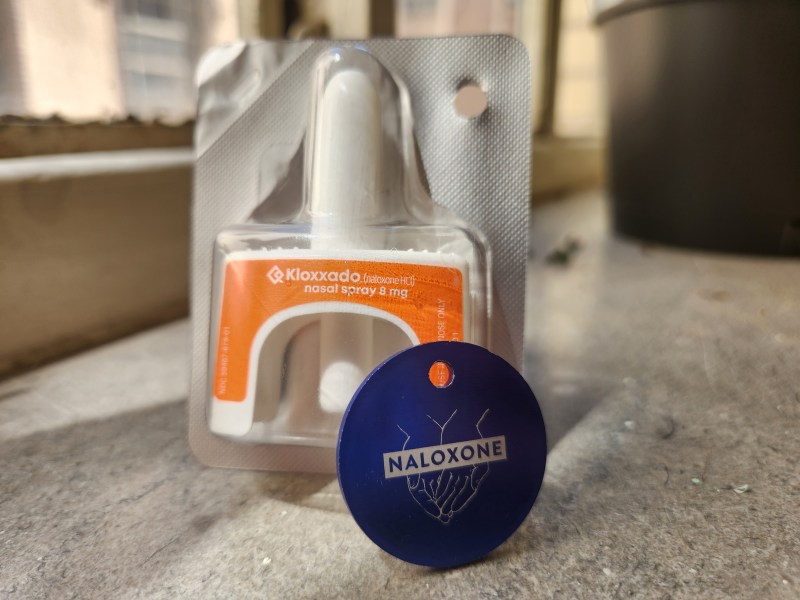 Naloxone nasal spray from the Klaxxado brand in plastic packaging