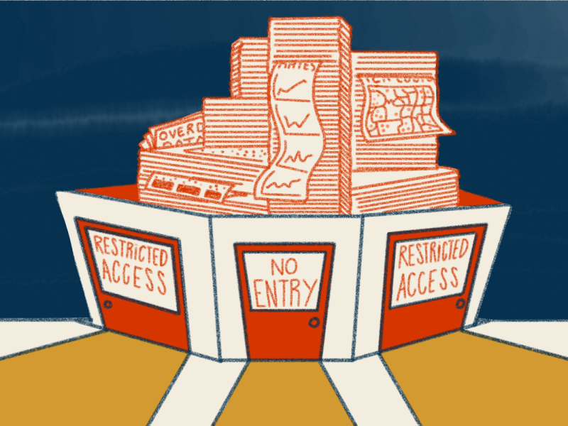 An illustration of a stack of files behind doors saying "no entry" and "restricted access"