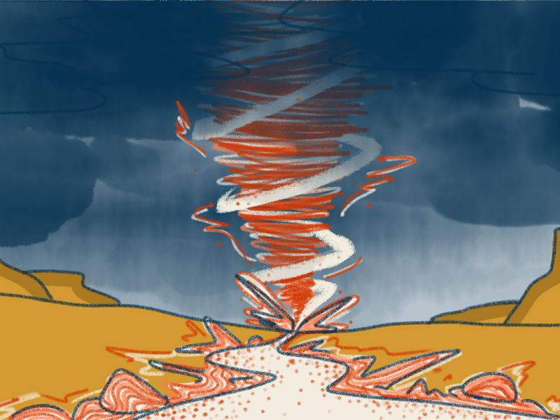 An illustration of a tornado tearing through a desert valley