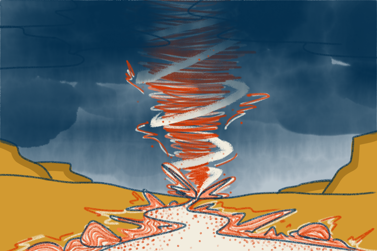 An illustration of a tornado tearing through a desert valley