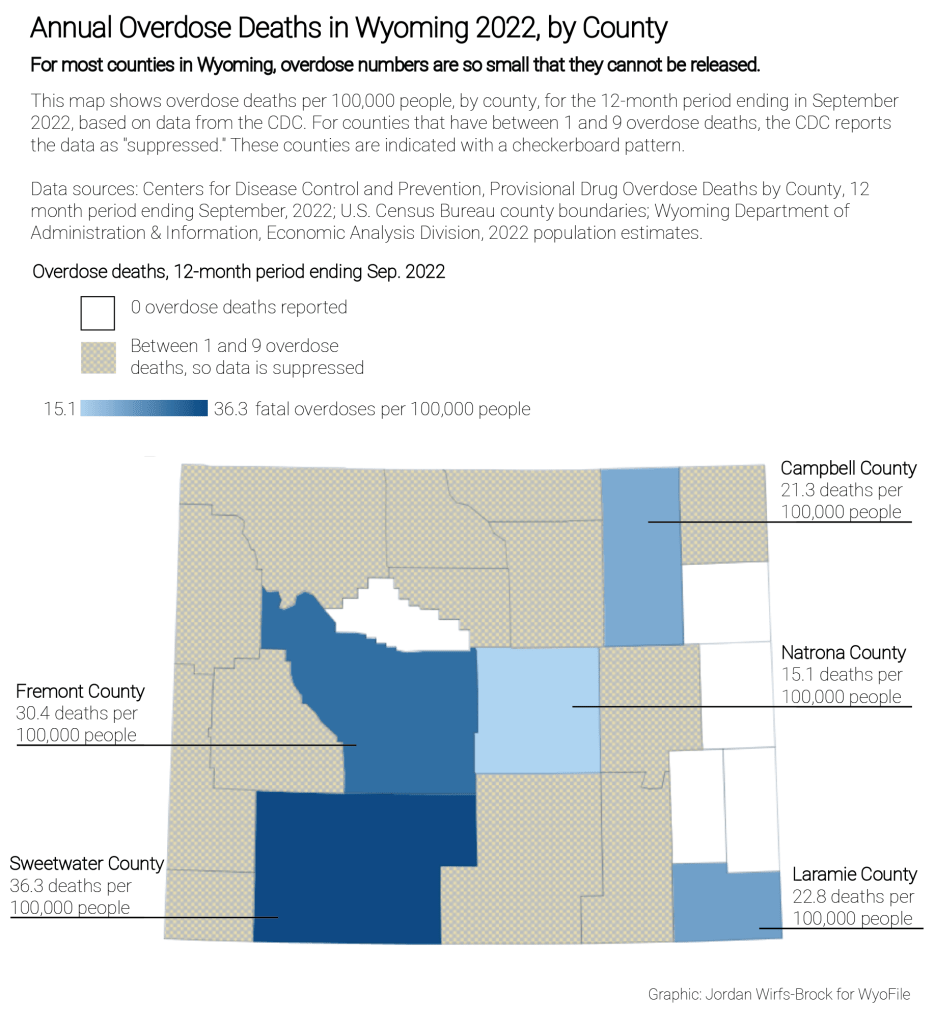 This image shows where counties are seeing higher or lower overdose rates. The highest rate is in Sweetwater County followed by Fremont, Laramie and Campbell counties.