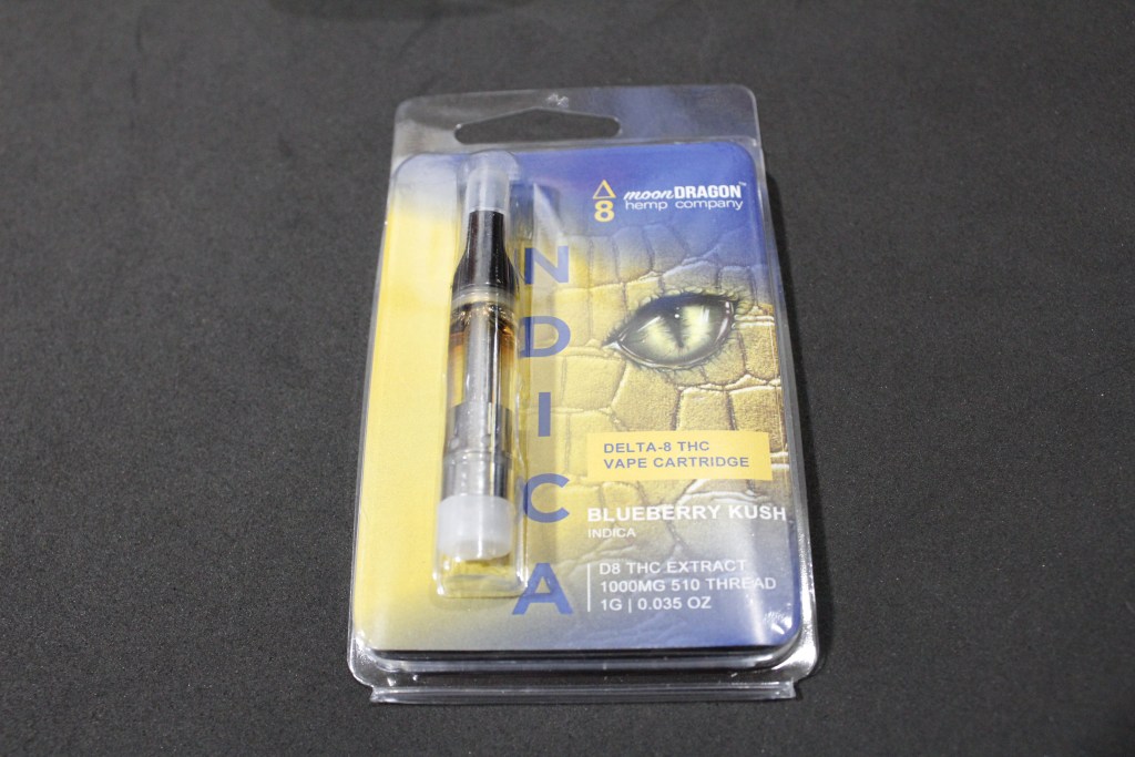 A delta-8 vape pen described as being an Indica strain