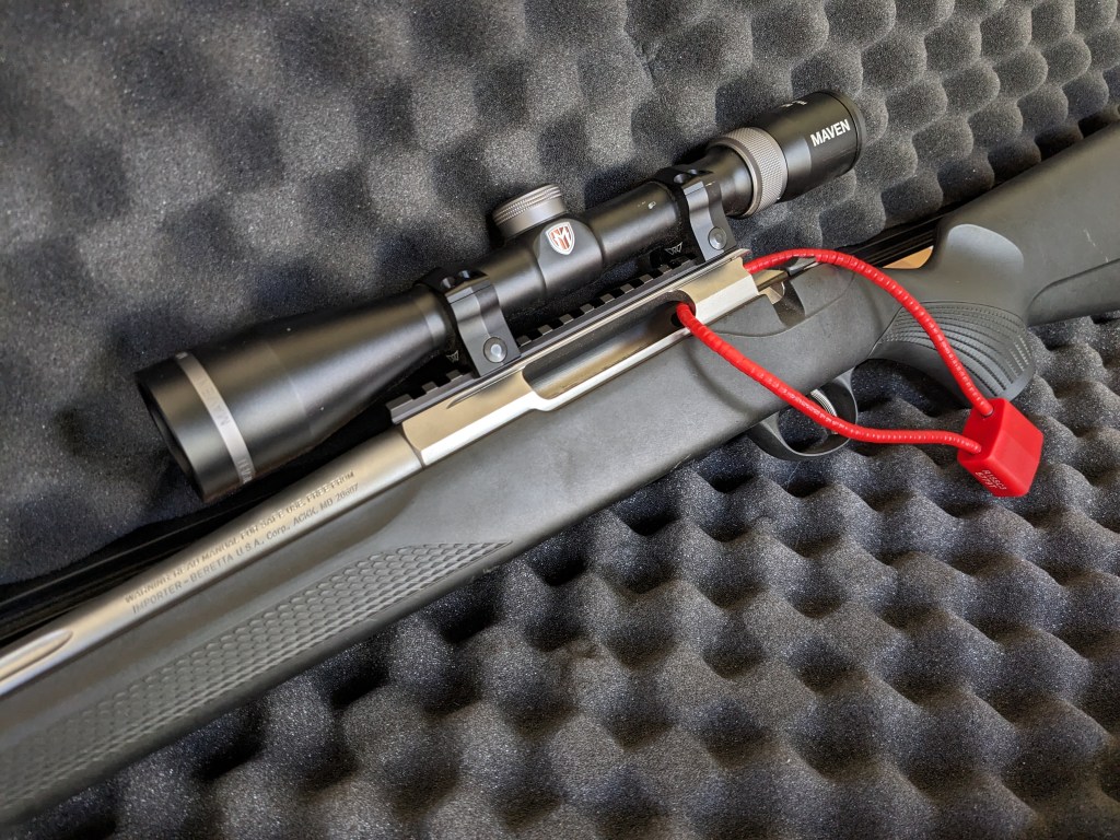 A hunting rifle in a gun case with a lock