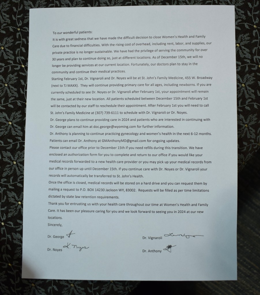 A letter tells patients the Jackson clinic is closing and where the providers plan to go.