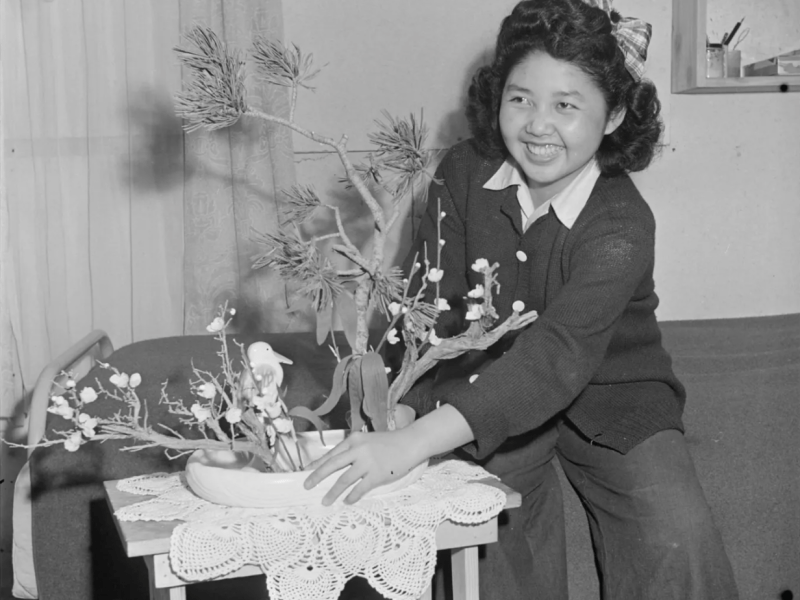 A young girl with curly hair, sweater and bow proudly displays a New Year's arrangement with a smile on her face. The arrangement is simple, with three visible branches and a small bird decoration